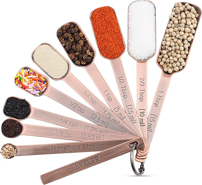 Copper Measuring Spoons Set, Stainless Steel Narrow Measuring Spoons Set, Heavy Duty Metal Measuring Spoon with Long Handle, Engraved Metric&US Measure Spoon with Leveler, Easily Fit Spice Jars