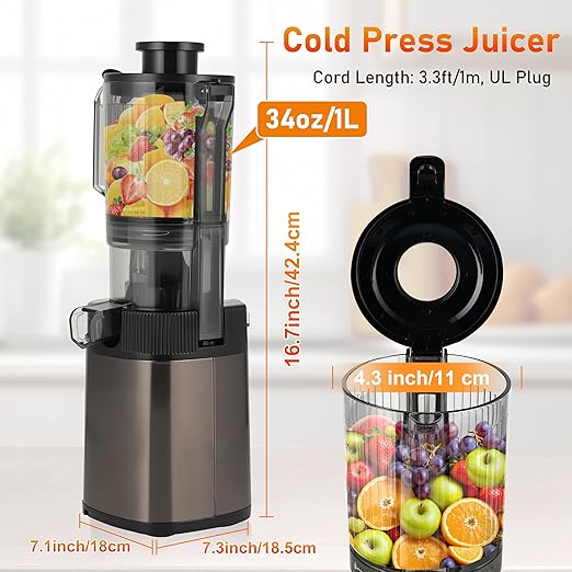 FAB&DELUXE Cold Press Juicer - 34oz Juicer Machines with 4.3" Wide Feed Chute, Slow Masticating Juicer for Fruits and Vegetables, 99% High Juice Yield, Reverse Function, Dishwasher Safe