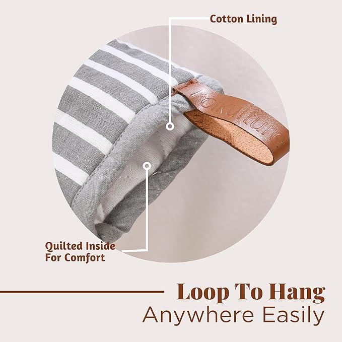 Folkulture Oven Mitts - Set of 2 (5.75"x9") | Gray Striped Oven Mitts with Hanging Loop for Cooking Gifts for Women, Kitchen Decor| 100% Cotton, Silicone Heat Resistant Mini Mitts, House Warming Gifts