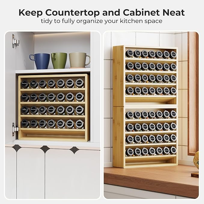 Orimade 4 Tier Spice Rack Organizer for Cabinet with 28 Plastic Spice Jars, Freestanding Bamboo Seasoning Rack for Countertop, Cupboard, Pantry, Kitchen, 13.18 x 4.13 x 12.2 inches