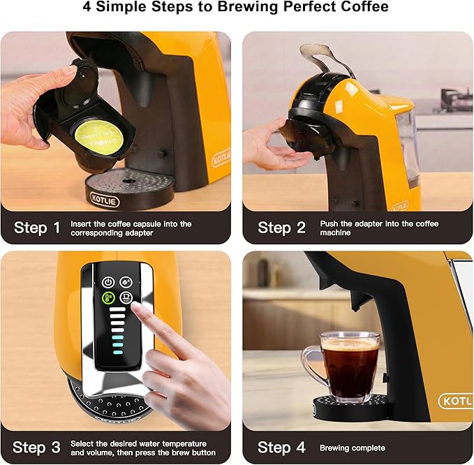 KOTLIE EM-308B Espresso Machine, Single Serve Coffee Maker Compatible with Multiple Capsule Types, Ground Coffee, and ESE Pods, 3 Temperatures, 7 Water Volume Levels, 34 Oz（Yellow）