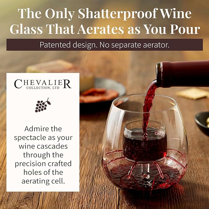 Shatterproof Aerating Wine Glasses (Set of 2) by Chevalier Collection - Tritan Plastic Outdoor Wine Glasses with Patented Built-In Aerator - Pool, Camping, Boat Safe - Gift Packaging