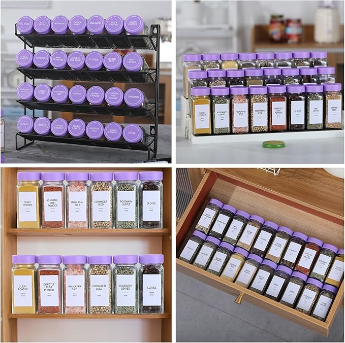48 Glass Spice Jars with Labels, Spice Jar Set, 4oz Spice Containers, Seasoning Containers with Purple Airtight Lids and Shaker Lids, Square Empty Spice Bottles, 492 Labels, 1 Funnel