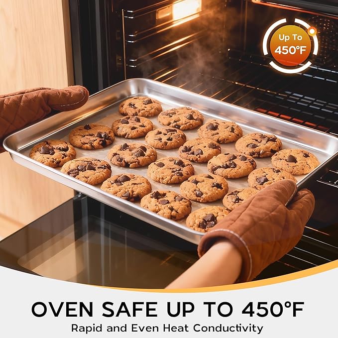 Onader Large Baking Sheet, 18 x 13 Inch Stainless Steel Half Sheet Baking Pans for Oven, Commercial Metal Cookie Pan Tray for Roasting Cooking, Mirror Finish & Dishwasher Safe, 2-Pack