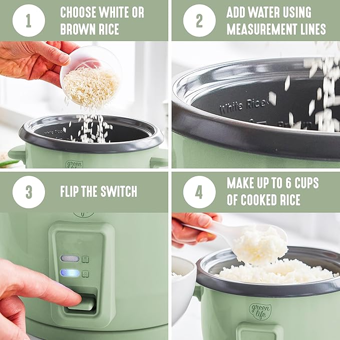 GreenLife Rice Cooker with Removable PFAS-Free Ceramic Nonstick Pot, 3-Cups Uncooked/6-Cups Cooked, Grains & Oatmeal Multicooker, Compact One-Switch Design, Auto Keep Warm, Easy Clean, Sage Green