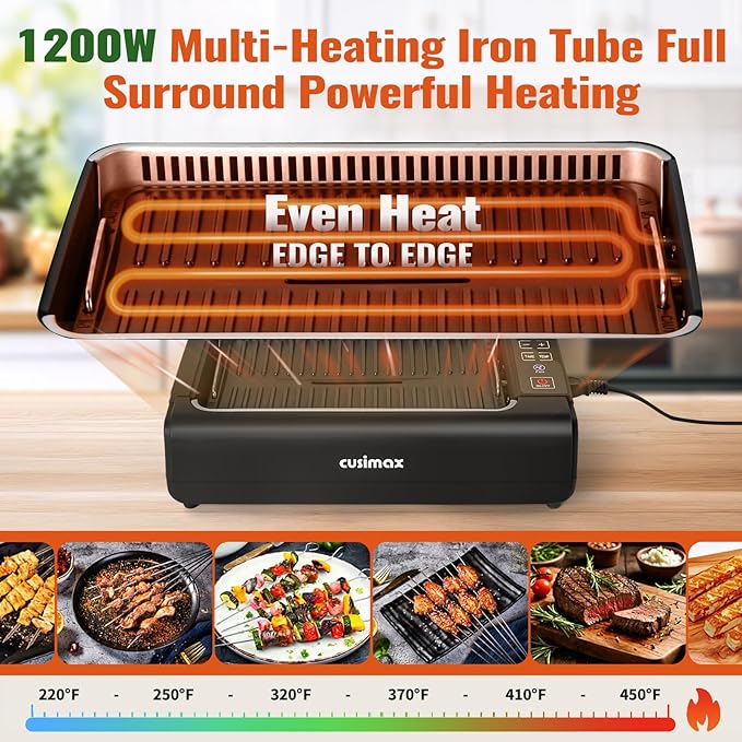 Indoor Smokeless Electric Korean BBQ Grill - 1200W With Non-stick Removable Plate & Griddle, LED Smart Display, Tempered Glass Lid, Adjustable Temperature - Black