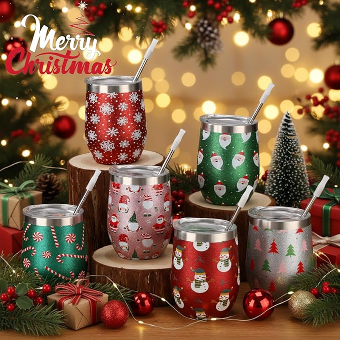 Sliner 6 Pack Pack Christmas Glitter Tumbler Bulk, 12 oz Holiday Wine Tumbler Set Stainless Steel Insulated Sparkling Glitter Cup with Lids Straws and Brushes Travel Mug Xmas Gift (Snowman Style)