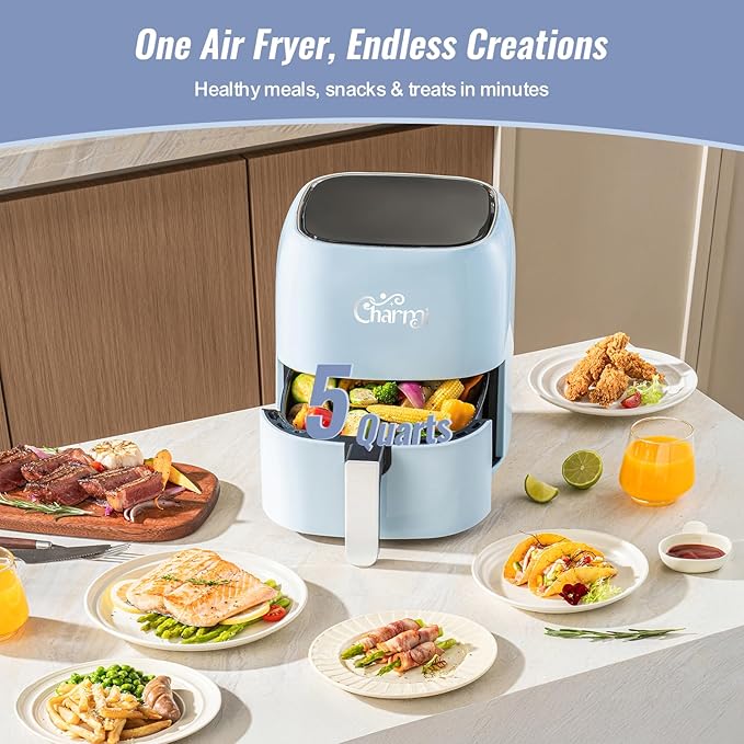 Charmi 5QT Air Fryer – Beautiful Retro Design, Stylish Countertop Look, Safe Auto Shutoff, Digital Touchscreen, 8 Cooking Presets, Digital Recipes Included (Pastel Blue)