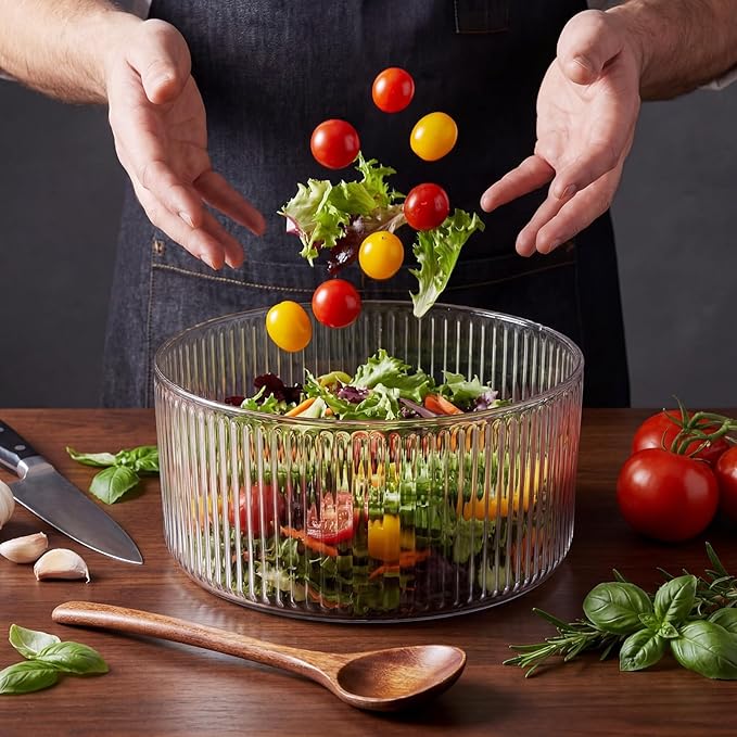 Large Ribbed Glass Salad Bowl Set, Party Salad Bowl with Wood Base and Lid as Cheese Charcuterie Board and Plate, Comes with 5 Pieces of Elegant Wood Serving Utensils