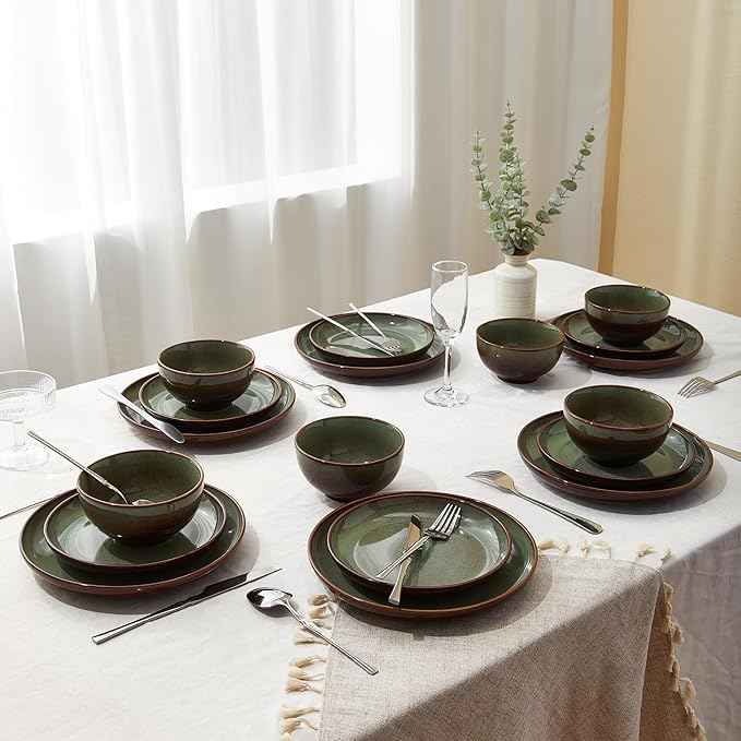 Stoneware Dinnerware Sets Service for 12, 36 pcs Reactive Glaze Plates and Bowls Sets, Handmade Ceramic Dish Set, Highly Chip and Crack Resistant Modern Plate Set, Brown Green