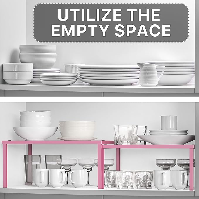 Simple Houseware Expandable Stackable Kitchen Counter Shelf Organizer, Pink, Metal Top, 11.25 in L x 7.9 in W x 5.4 in H