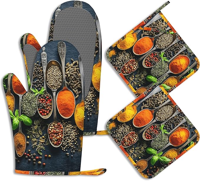Oven Mitts and Pot Holders Sets Colorful Spices Silicone Kitchen Mits Potholders Cooking Herb Spoons Heat Resistant 4Pcs Oven Gloves Hot Pads for Baking Cooking BBQ Grilling Home Decor