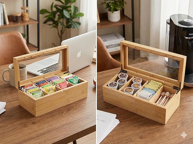 Acacia Wooden Tea Bag Organizers, Tea packet Storage Boxes, Tea Caddy for Tea Bags Chest, Teabag Holder Containers, Teabox Station Display, Organizador De Tes Caja Para Te, 8 Compartments