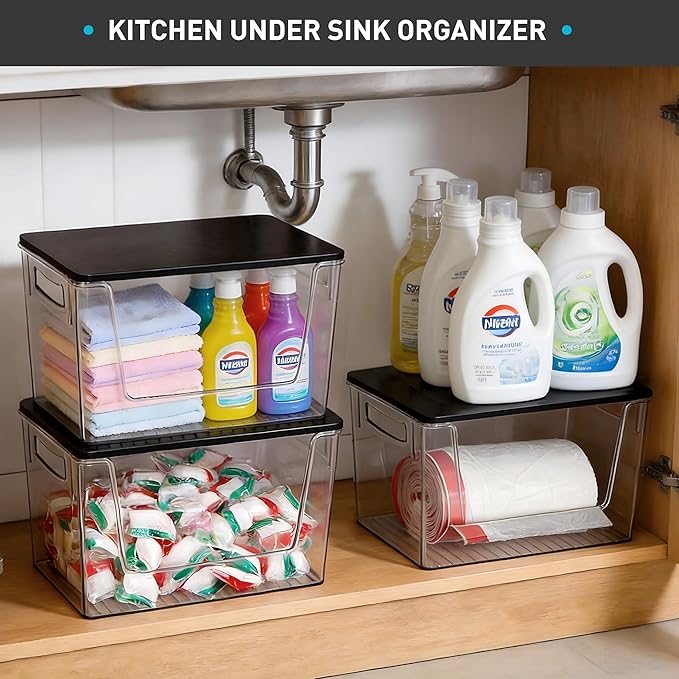 Pantry Organizers Storage, Under Sink Organizer Trash Bag Holder with Bamboo Lids Large Capacity Clear Storage Bins for Onion, Potato, Garlic, Canned Food Kitchen Countertop Organizer (Black lid)