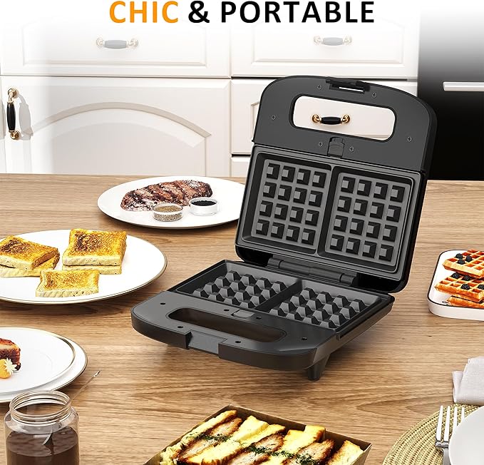 Sunvivi 3 in 1 Electric Sandwich Maker: Panini Press Grill and Waffle Iron Set, Grill and Sandwich Press with Removable Nonstick Plates, Indicator Lights & Cool Touch Handle, 800W, Black