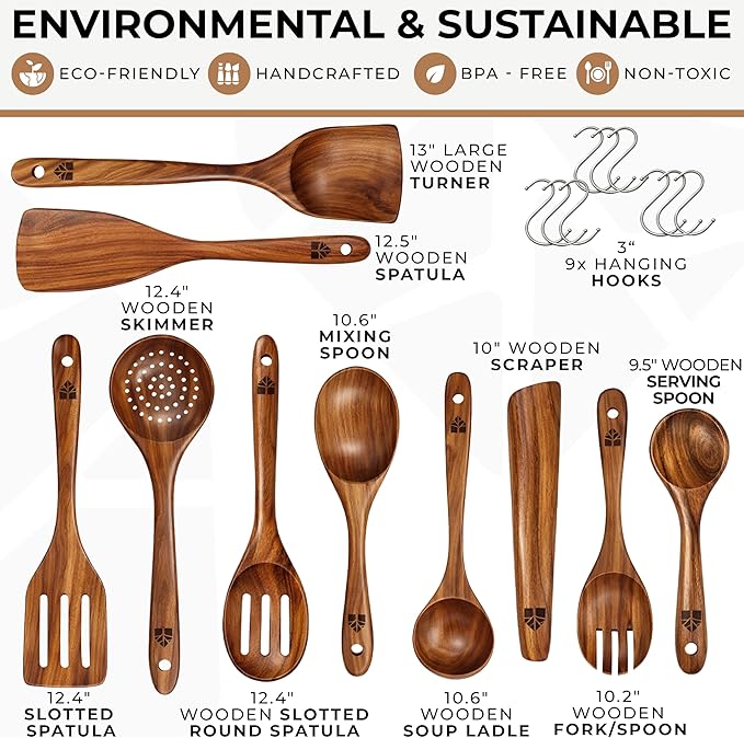 Wooden Spoons for Cooking – 10 Pcs Premium Teak Wooden Utensil Set with Hooks - Durable, Nonstick Safe, Easy to Clean & Heat Resistant with Ergonomic Handles