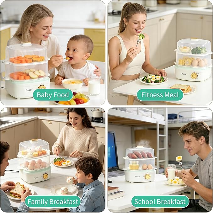 Electric Food Steamer for Cooking, 2-Tier Rapid Egg Cooker, Stackable Steam Cooker for Baby Food, Meal Prep, Quick Healthy Cooking for Vegetables, BPA-Free, 30-Min Timer, 3 Containers&1 Spoon Included