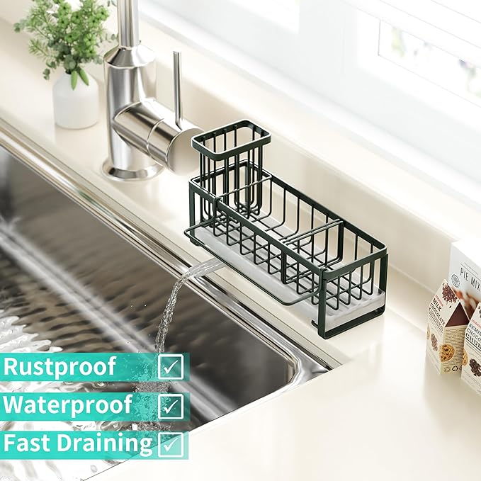HapiRm Sponge Holder for Kitchen Sink - Self-draining Sink Caddy with Brush and Dishcloth Holders, Stainless Steel Kitchen Organizer for Countertop - Green