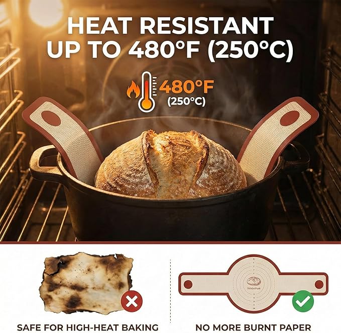 Silicone Bread Sling for Dutch Oven, 2-Pack Non-Stick Reusable Baking Mats with Long Handles, Easy to Clean, Ideal for Sourdough Bread Transfer & Baking
