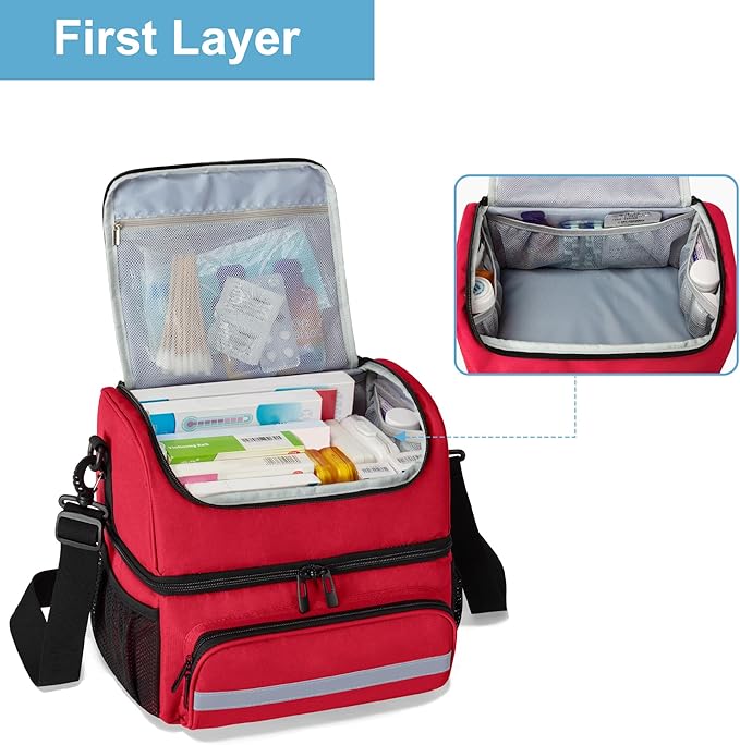 CURMIO Double Layers Medicine Storage Bag, Pill Bottle Organizer Bag with Inner Dividers, Medication Travel Bag for Vitamins, Supplements, Prescription Bottles, Medical Supplies, Red (Patent Design)