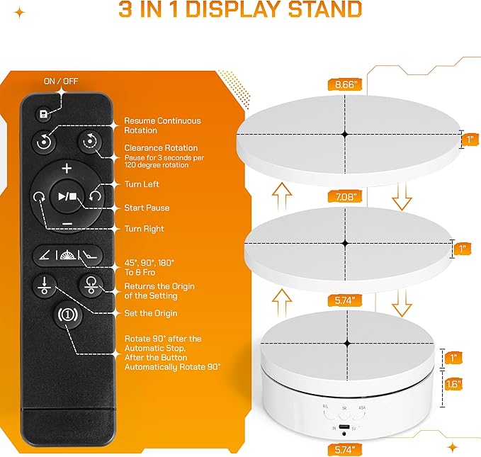 Remote control Motorized Rotating Display stand - 360° Electric Rotating Platform | 3-in-1 Sizes - 5.74", 7.08" and 8.66" Replacement Covers - Rechargeable Turn Table - Live Streaming & Photography
