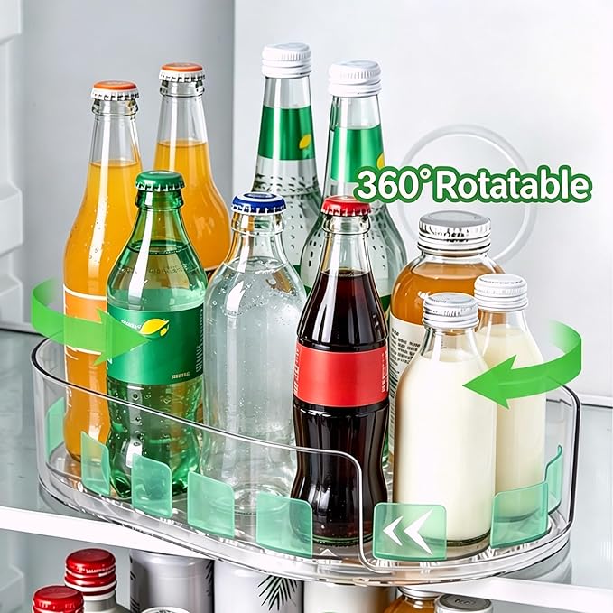 Lazy Susan 360°Rotating Organizer for Refrigerator,13.5“ x 8.5”,Drink Organizer for Fridge,Cabinet, Pantry,or Kitchen Countertop,Organize Condiments, Cans, Beverages,Clear+White,1 Pack