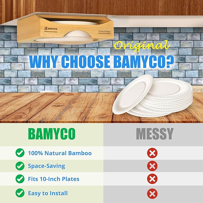 Bamboo Paper Plate Dispenser Under Cabinet for 10 Inch Paper Plates - Plate Organizer for Cabinet – Storage Paper Plate Holders Reusable for Kitchen organizer and Plastic Dinner Plates Disposable