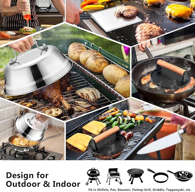 Griddle Accessories Smash Burger Kit (5Pcs), Joyfair Grill Spatula with 9in Melting Dome & Bacon Press Set, Stainless Steel Turner, Basting Cover, Cast Iron Press for Outdoor BBQ (ABS Handle)