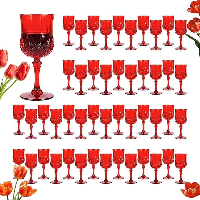 Plastic Wine Glasses, Plastic Goblets Vintage Style Cordial Unbreakable Drinking Glasses, Reusable Drinkware for Wedding Reception, Grand Event Party Supplies,Mother's Day (48, Red)