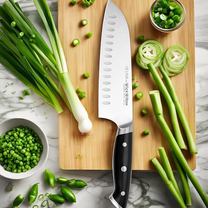 WICKWILLOW 7 Inch Santoku Knife – Razor Sharp German Steel – 7 Inch Kitchen Knife for Slicing, Dicing & Mincing – Hollow Edge & Full Tang – Gift Box – Velina Series