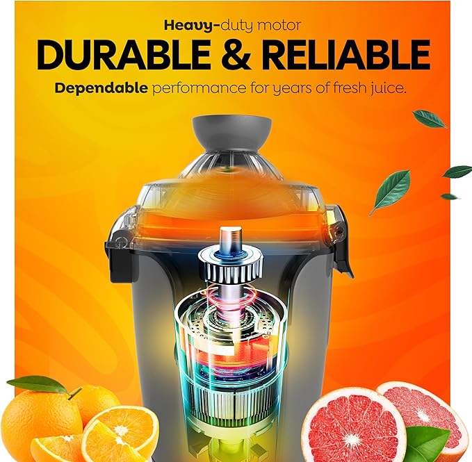 Eurolux Hands-Free Electric Citrus Juicer Machine, Orange Lime Grapefruit Lemon Squeezer, Easy to Clean, 2 Cone Sizes (Gray)