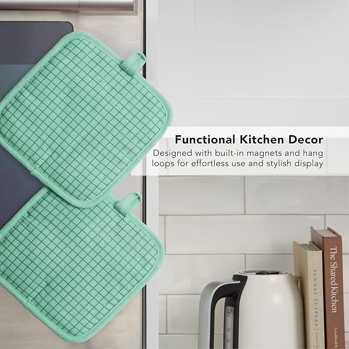 KITCHENAID Gourmet Series Gridlines Pot Holders 2-Pack Set, Heat Resistant up to 600°F, Soft Silicone Grip, Magnetic Cuff, Color of The Year, Spearmint, 8"x8"