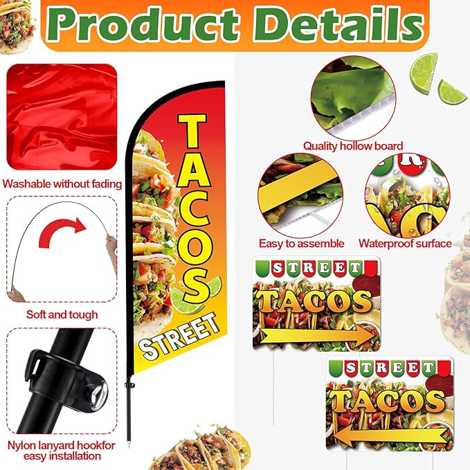 Tenceur 6 Pcs Tacos Burritos Feather Flag Kit, 1.8×5.4ft Tacos Windless Feather Banner Flag, 5 Yard Signs with Pole and Ground Stake for Restaurant Outside Store Business Markets