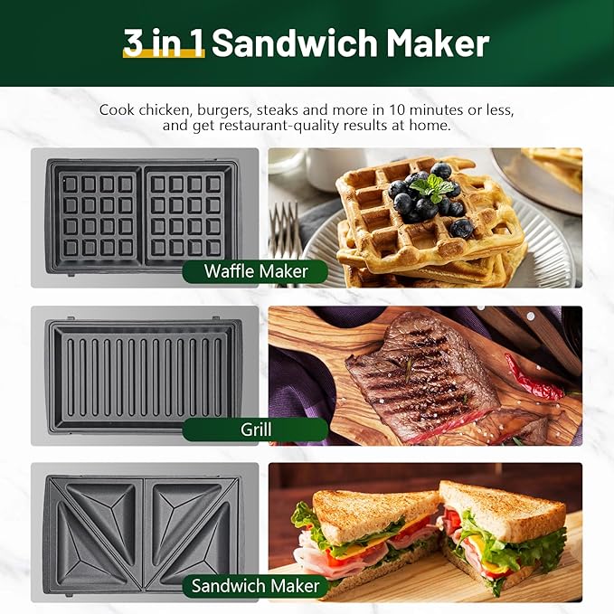 KEENSTAR 3 in 1 Electric Sandwich Maker, Waffle Maker with Removable Non-Stick Plates, Grill with Double-Sided Heating, Easy to Clean and Store, Perfect for Cooking Breakfast, Grilled Cheese and Steak