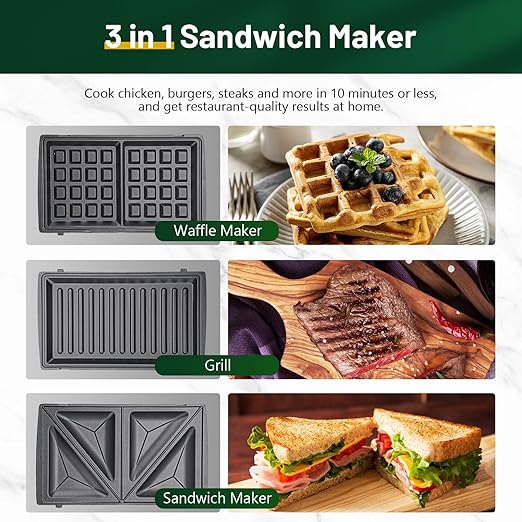 KEENSTAR 3 in 1 Electric Sandwich Maker, Waffle Maker with Removable Non-Stick Plates, Grill with Double-Sided Heating, Easy to Clean and Store, Perfect for Cooking Breakfast, Grilled Cheese and Steak