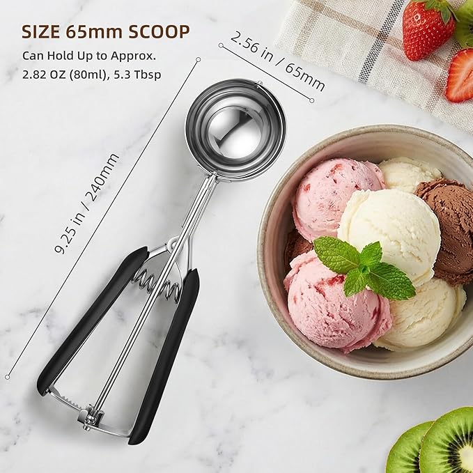 Large Ice Cream Scoop 65MM, Trigger Release Stainless Steel Cookie Scoop, Portion Scoop 2.82 oz/80ml, Commercial Food Disher, for Portion Control, Cookie Dough, Cupcake Batter (5.3 Tablespoon)