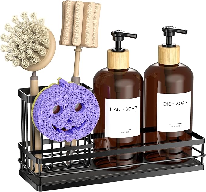 Moforoco Kitchen Dish Soap Dispenser Set, 16OZ Glass Bottle, Hand and Dish Soap Dispenser Set, Instant Dry Tray, Brush Holder with Smiley Face Sponge Holder (Black Tray+Amber Bottle+Labels)