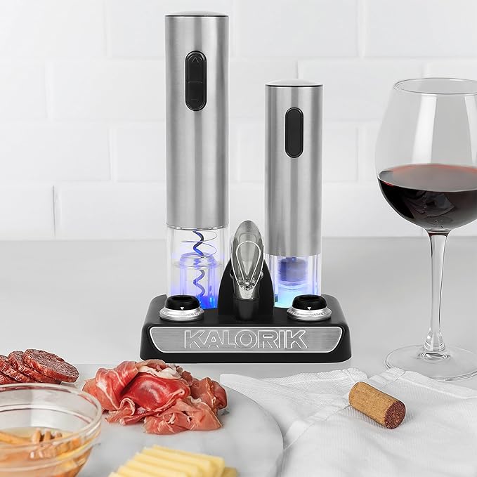 Kalorik Electric Wine Opener Wine Lovers Set Includes Bottle Opener Wine Pourer Preserver and 2 Stoppers Foil Cutter and Charging Base, Stainless Steel