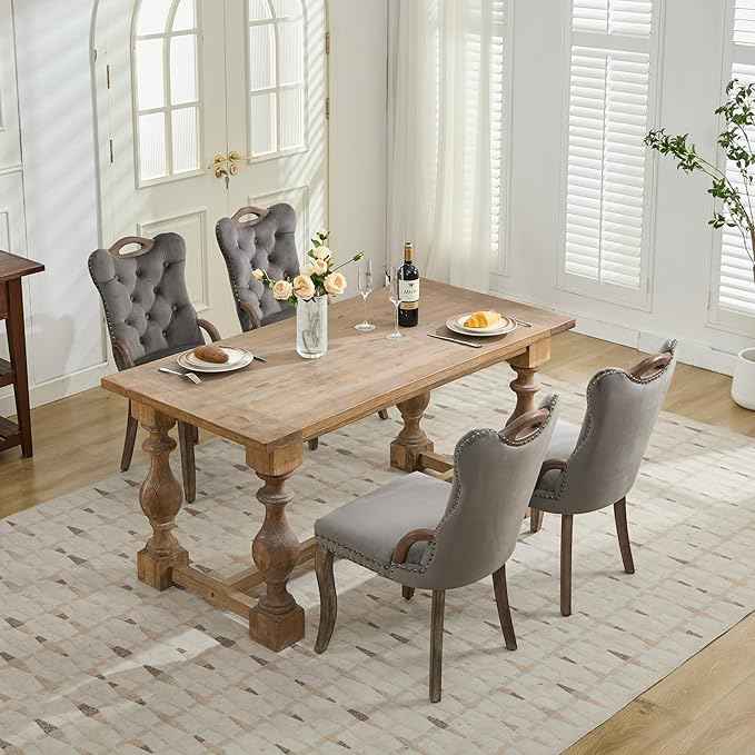 Grey Velvet Dining Chairs Set of 6，Modern Upholstered Dining Room Chairs with Tufted Back and Wood Accents, Curved Solid Wood Legs & Nailhead Trim, Sillas De Comedor Modernas 6