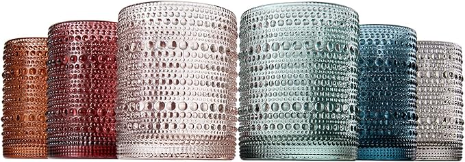 Khen Beaded Hobnail Tumbler Drinking Glasses Set | Set of 6 | Vintage Colored Hobnails 11 OZ Muted Bubble Design Whiskey, Old-Fashioned, Embossed Design Glass Water, Wine, Cocktail HAND WASH ONLY