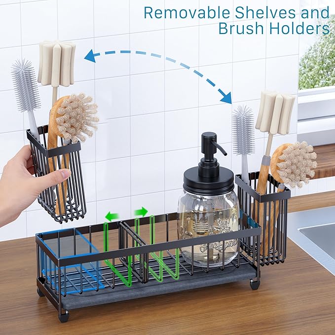 Galasily Mason Jar 16 oz Liquid Soap Dispensers Set with Large Kitchen Sink Caddy, Black Rustproof Stainless Steel Pump, Refill Hand Soap, Dish Soap, Vintage Farmhouse Decor for Bathroom, Kitchen