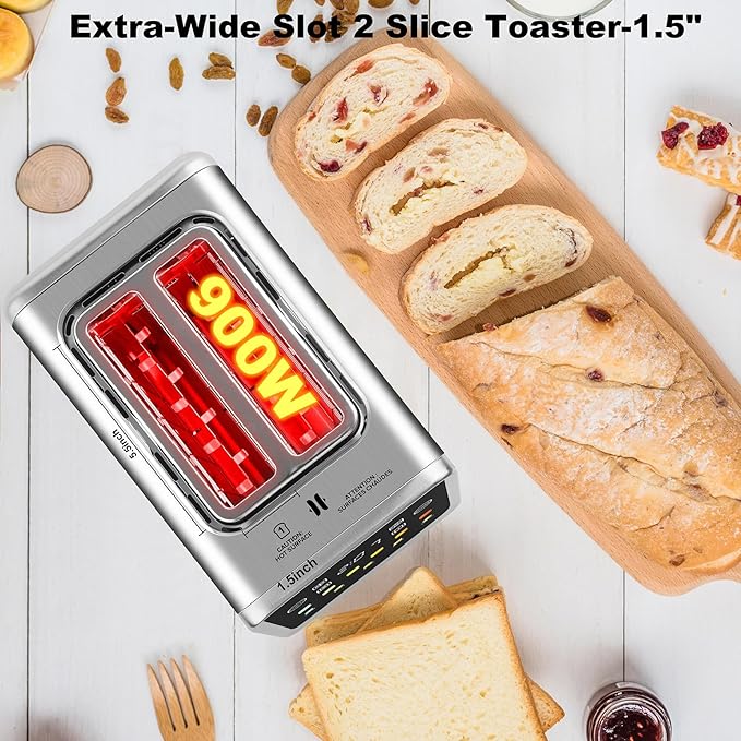 Touch Screen Toaster 2 Slice, Bagel Toasters with LCD Display, Stainless Steel Smart Digital Toasters with Single Slot Toasting,Extra Wide Slots Toaster with Memory/Bagel/Defrost/Reheat Functions