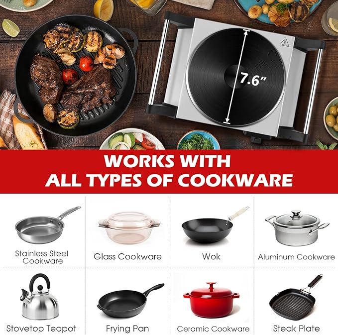 Techwood Hot Plate for Cooking, 1500W Electric Stove Countertop Single Burner with Adjustable Temperature & Stay Cool Handles, 7.5” Cooktop for Home/RV/Camp, Compatible for All Cookwares, Silver