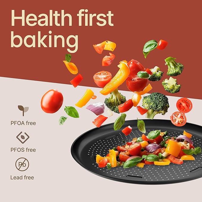 Bakken 16 Inch Non-Stick Pizza Pan 2 Pack, Round Carbon Steel Pizza Tray with Perforated Holes, PFOA, PFOS, & PTFE-Free, Dishwasher & Oven Safe Up To 450°F, Durable Nonstick Coating, Black