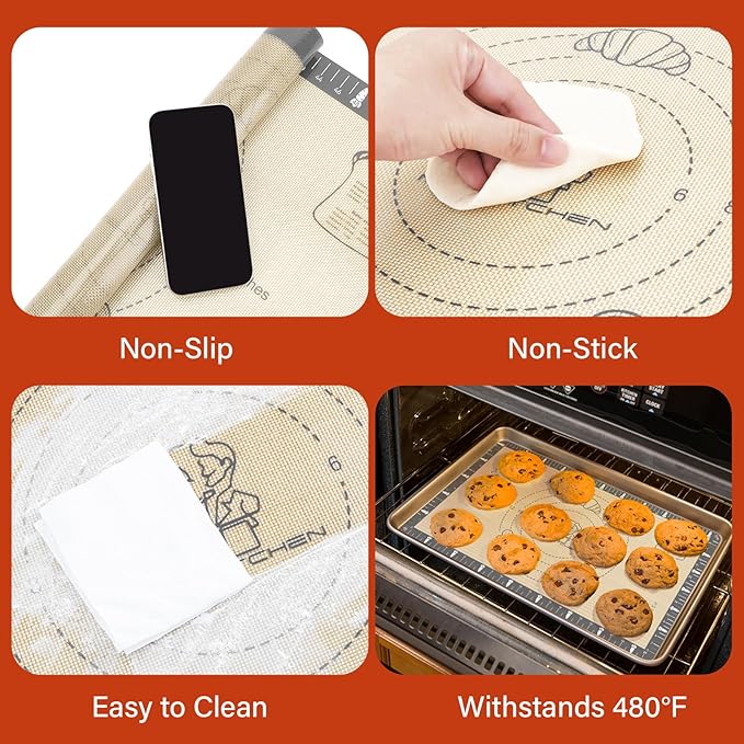 Silicone Baking Mat with Cookie Recipes, Extra Thick Silicone Mat for Baking Macaron, Bread, Pizza, Non Stick Pastry Mat for Dough Rolling Out, Heat Resistant to 480°F for Baker