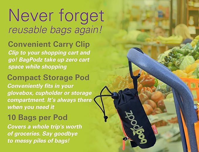 Sturdy Reusable Grocery Bags Foldable and Washable - Made From RipStop Nylon Hold 50lbs - Designed in USA Reusable Shopping Bags Inside a Compact Pod with Carry Clip - 10 Pack in Green