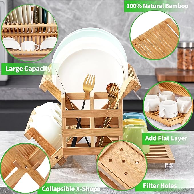 NOVAYEAH Bamboo Dish Drying Rack with Utensil Holder, Collapsible Wooden Dish Drainer Rack, 3-Tier Large Folding Drying Holder for Kitchen Counter 51 pcs Grid