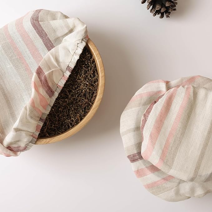 100% Linen Bowl Covers Reusable For Bread Proofing, 4 Pcs Elastic Cloth Fabric Colorful Stripe Bowl Covers, 5.9*7.9*9.8*11.8 Inches, Colorful 3