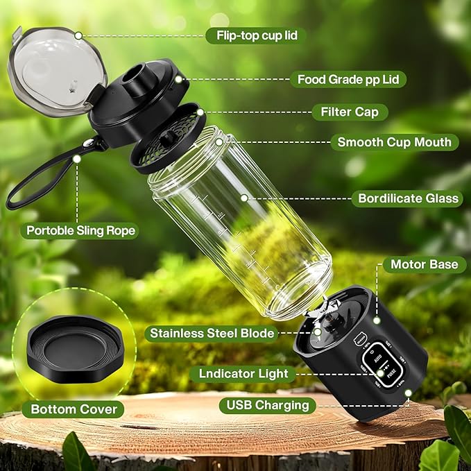 MIAOKE 2026 Upgrade 700 ML Portable Smoothie Blender, Rechargeable Personal Blende, Contains both Automatic and Pulse Functions, with Travel Cup and Lid, 6 Sharp Blades, Mixer Blender Machine Black