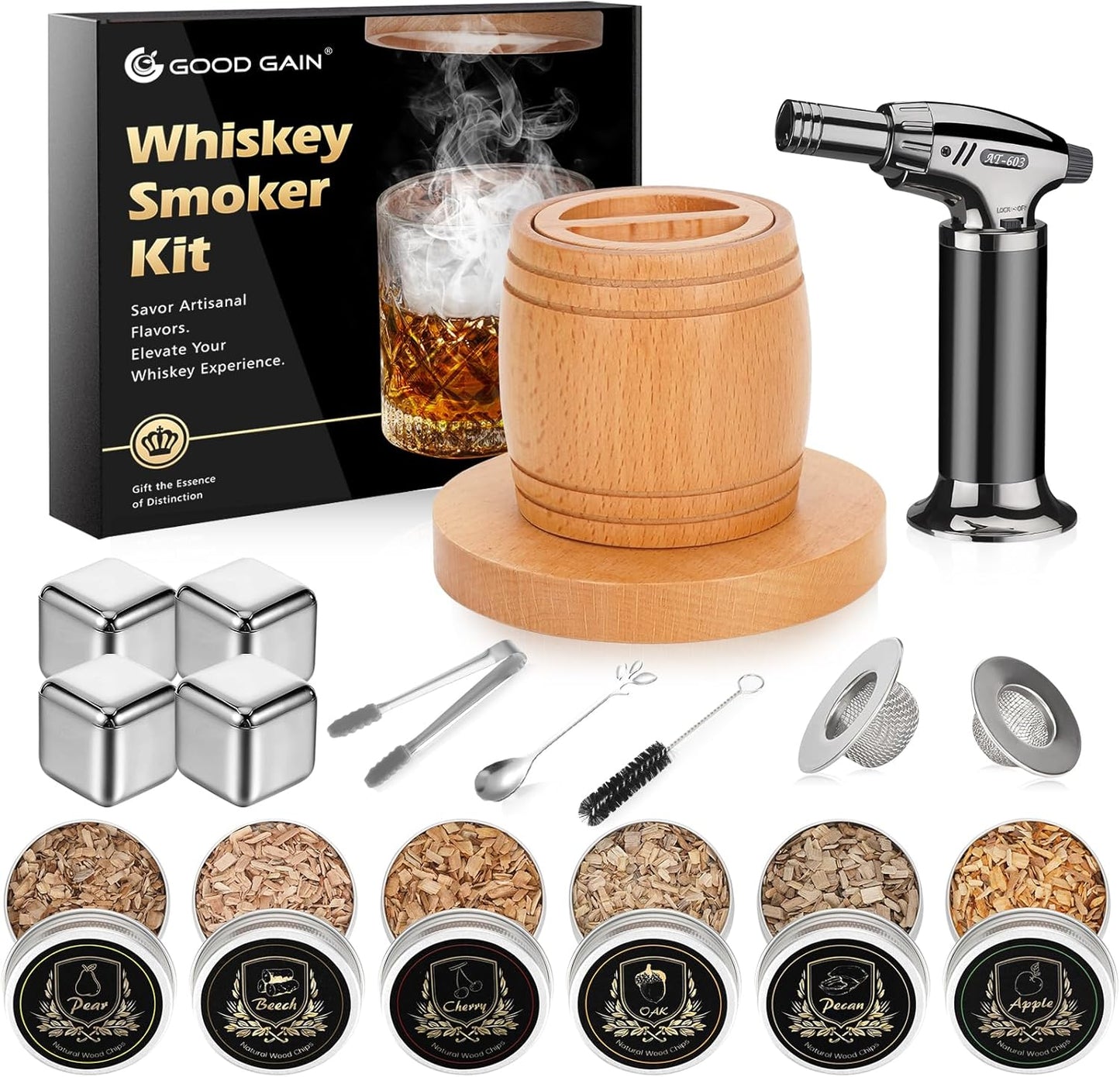 G GOOD GAIN Whiskey Smoker Kit with Torch - Old Fashioned Cocktail Smoker Kit with 6 Flavors Wood Chips | Drink Bourbon Infuser Set with 4 Stainless Steel Ice Stone for Men, Dad (No Fuel Included)
